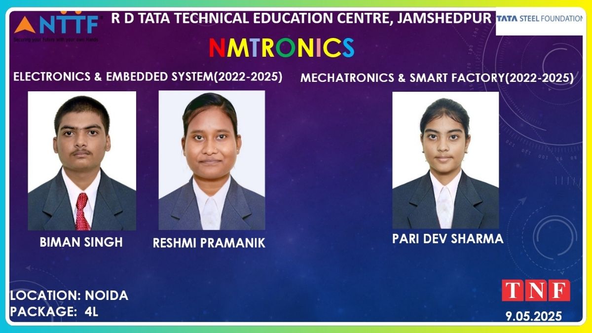 🎉 NTTF गोलमुरी के 03 छात्रों का एनएमट्रॉनिक्स में चयन, ₹4 लाख के वार्षिक पैकेज पर सफलता हासिल 111 THE NEWS FRAME